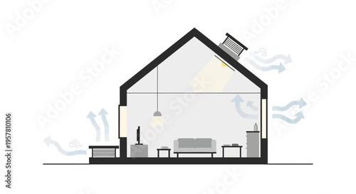 House Ventilation System Diagram Illustrating Natural Air Flow, Passive Cooling, and Indoor Air Quality Concept