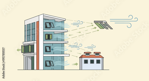 Natural Cross Ventilation Diagram for Sustainable Building Design showing Airflow through Windows for Passive Cooling and Energy Efficiency