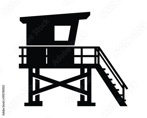 Lifeguard tower silhouette with stairs and observation deck for beach safety