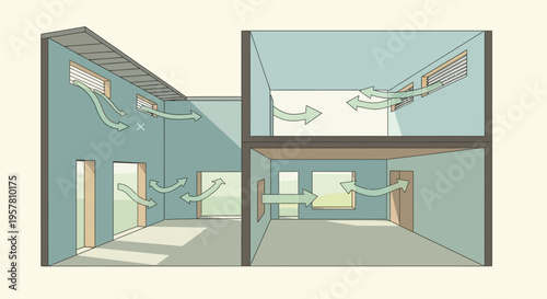 Architectural Cross Section Diagram of Natural Home Ventilation System Showing Sustainable Passive Cooling Air Flow