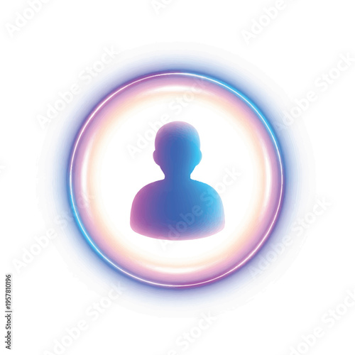A blue silhouette of a person's upper body within a glowing, multicolored circular frame on a white background with a futuristic and technological mood.