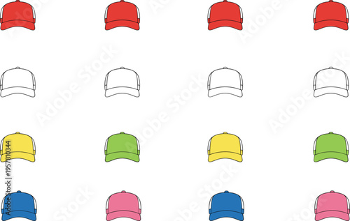 Grid of colorful baseball caps arranged in rows and columns, featuring red, white, yellow, green, blue, and pink designs, educational pattern recognition illustration concept.