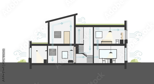 Cross-Section Diagram of a Sustainable House Showing Natural Ventilation and Passive Cooling Airflow System