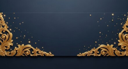 Elegant Golden Ornate Corner Flourish Design with Sparkling Lights on Dark Background.
