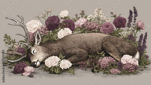 A deer is laying in a field of flowers