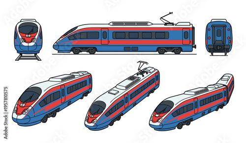 Modern high speed passenger train from front side top and isometric view vector illustration