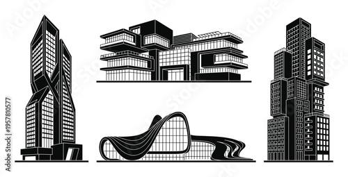 Modern skyscraper architecture collection with futuristic city building designs