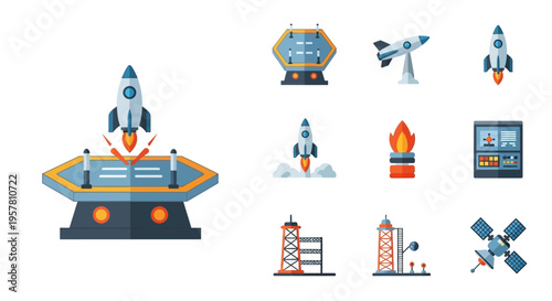 Rocket Ship Launch Pad Illustration Set.