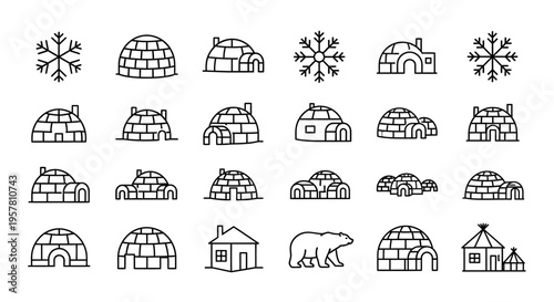 Igloos and snowflakes in black lines.