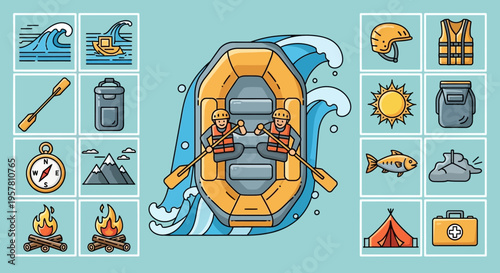 Inflatable life raft on the water.