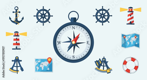 Nautical Navigation Compass and Symbols.
