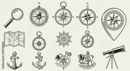 Navigation compass and travel icons set.