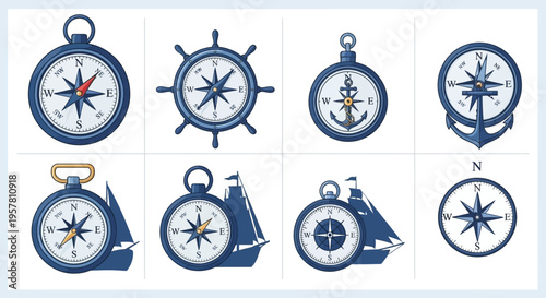 Navigation compass and nautical icons set.