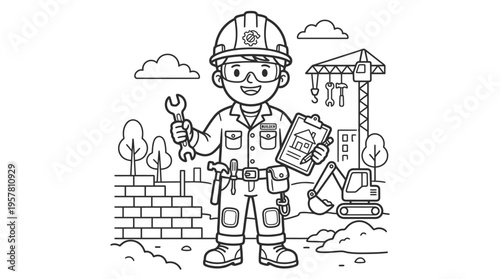 Smiling cartoon construction worker with tools.