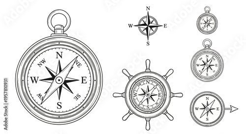 Navigation Compasses in Various Styles.
