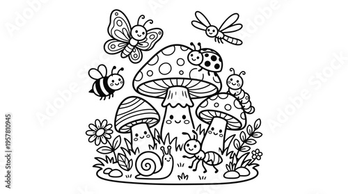 Colorful illustration of mushrooms and insects.
