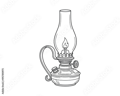 Old fashioned kerosene lamp with glass chimney and wick for traditional lighting