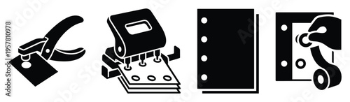 Office hole puncher set with paper reinforcement stickers and tools vector