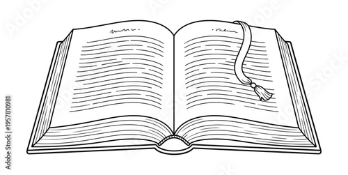 Open old book with a bookmark isolated on transparent background vector illustration