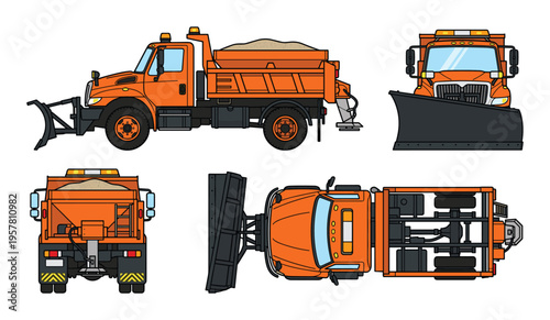 Orange snow plow truck technical blueprint with side front back and top views for industrial design