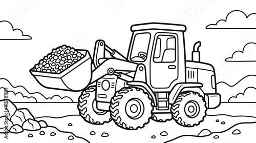 Tractor with rocks in bucket.