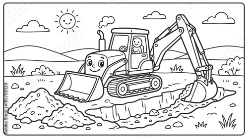 Excavator digging earth with smiling operator.