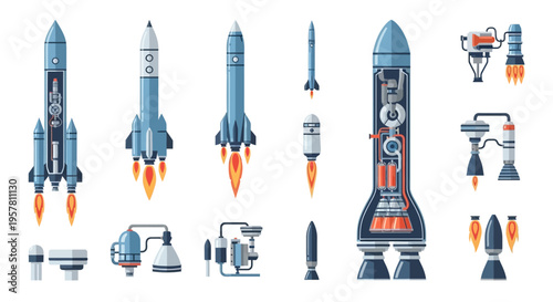Rockets and Spacecraft Models Displayed Vertically.