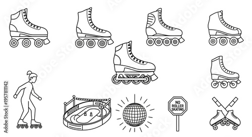 Roller skates and skateboard illustrations.