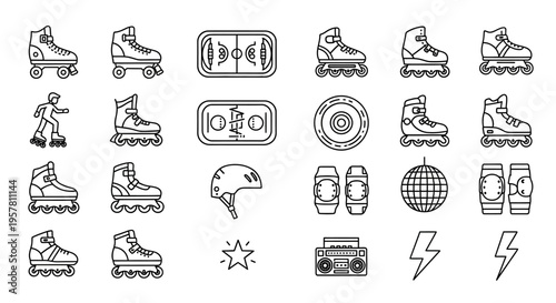 Roller skates and skateboarding icons set.