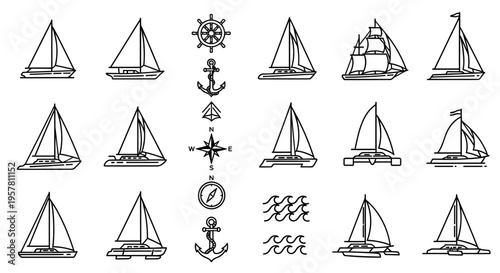 Sailboats and nautical icons set.
