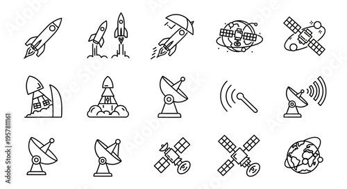 Satellite and rocket communication technology icons.