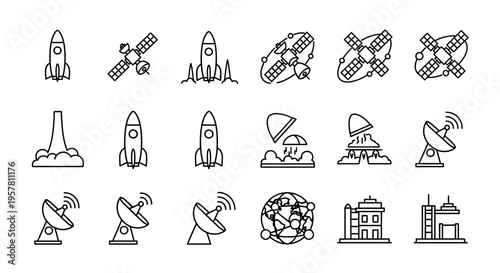 Satellite and rocket icons set.