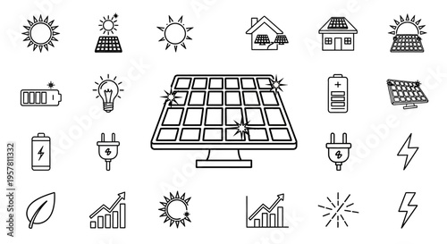 Solar panel on computer screen icon.