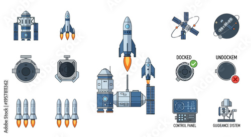 Space shuttle and rocket icons set.
