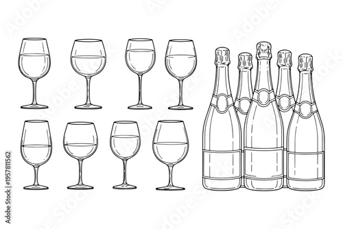 Elegant Burgundy Drink Collection Wine Glasses Champagne Bottles Hand Drawn Vector