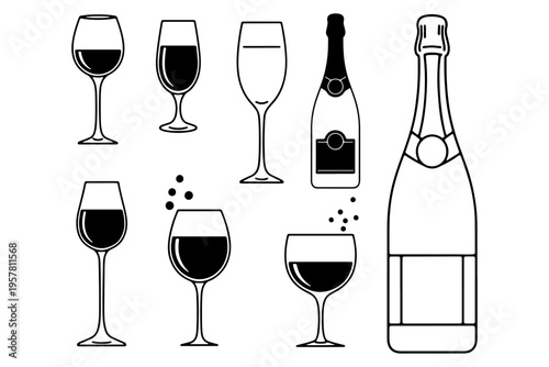 Cocktail Party Illustration Set Hand Drawn Wine Glass Champagne Vector