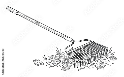 Rake with autumn leaves, line art drawing of a garden tool collecting fallen foliage