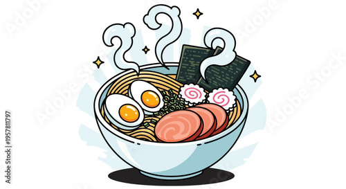 Delicious japanese ramen bowl illustration with noodles eggs and seaweed