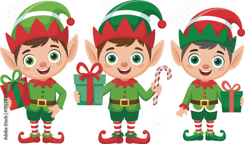 Set of three cute Christmas elf characters in green costumes holding gift boxes and candy cane isolated on white background for holiday vector design.