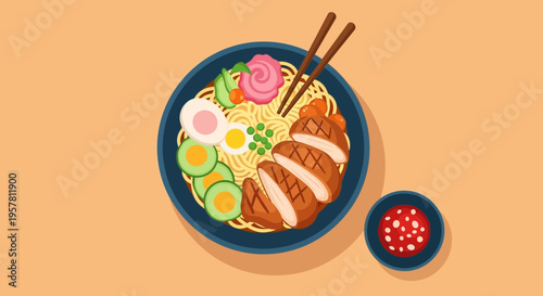 Delicious japanese ramen bowl illustration with noodles chicken vegetables and chopsticks
