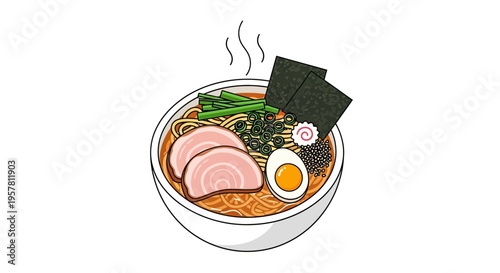 Delicious japanese ramen bowl illustration with noodles and toppings