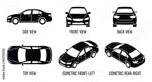Sedan car in different views: side, front, back, top, isometric front-left, and isometric rear-right. automotive illustration.