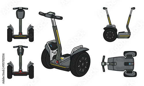 Self-balancing personal transporter segway in multiple angles front, side, rear, and top views