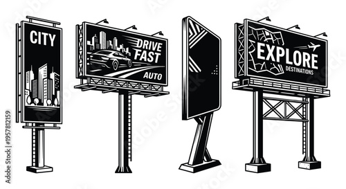 Set of advertising billboard illustrations with city drive fast explore and blank options