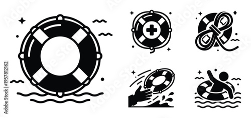 Set of black lifebuoy icons showing rescue procedures and safety equipment