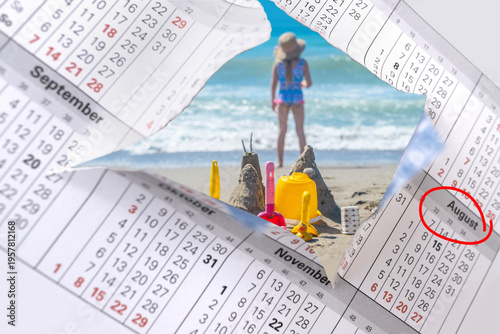 torn calendar with marked dates and photo happy family vacation sea with children, travel planning, time management anticipation, summer holidays, change plans, holiday countdown and travel dreams