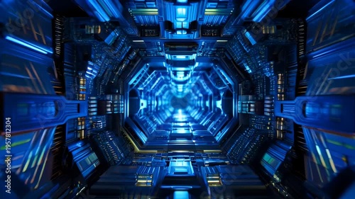 Man in futuristic blue room.