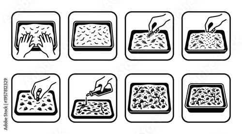 Set of eight cooking process icons showing preparation of food in a baking dish, black and white line art