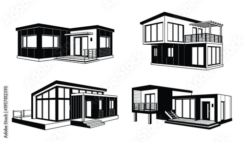 Set of four different modern houses, unique architectural styles for residential buildings