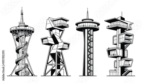 Set of four different modern futuristic tower designs, observation decks and architectural landmarks